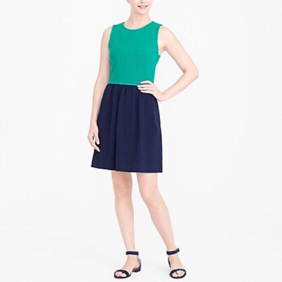J. Crew Daybreak kelly Green blue block Fit Flare Dress sleeveless prep cotton M - Picture 1 of 11